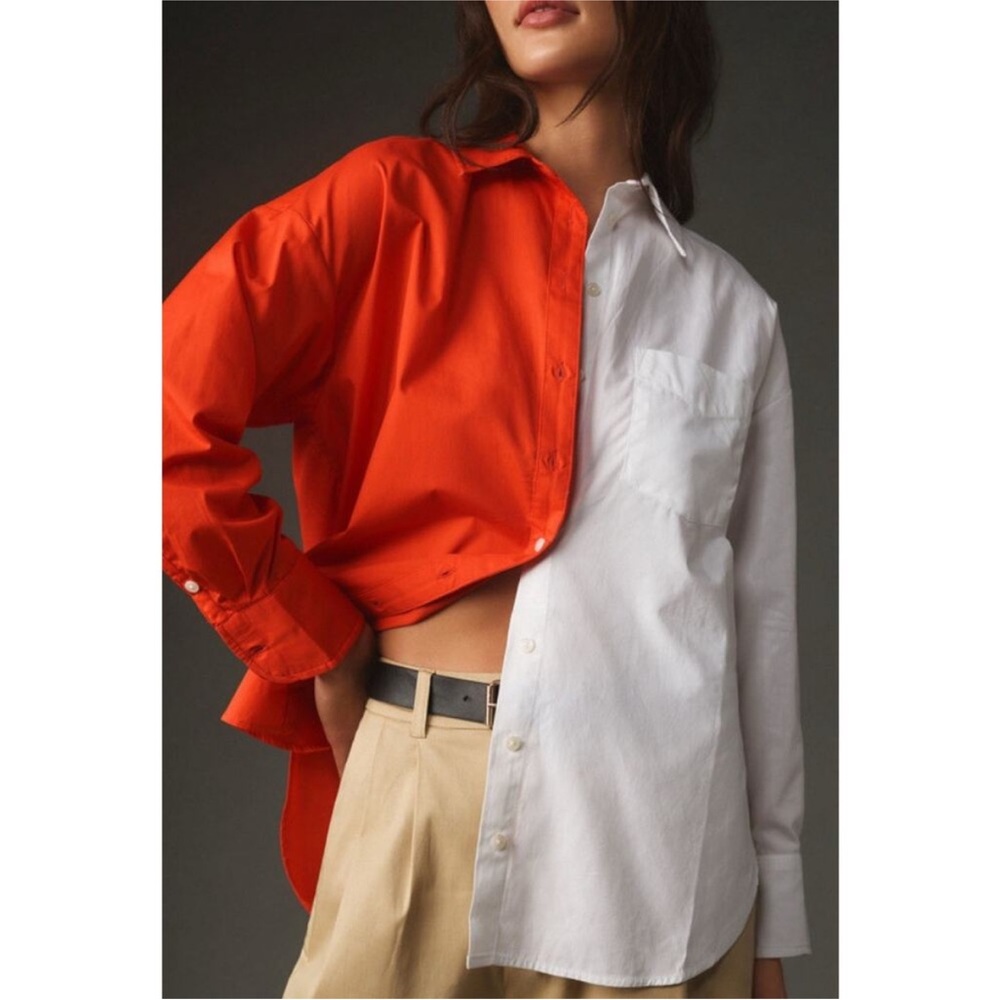 Maeve Anthropology Colorblock Button-Up Shirt in Orange White 100% cotton - Picture 3 of 8
